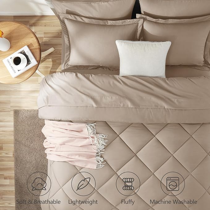 CozyLux Queen Comforter Set Wheat - Bed in a Bag Queen Size 7 Pieces, Luxury Soft Bed Set for All Seasons, Bedding Set with Down Alternative Comforter, Sheets, Pillowcases & Shams