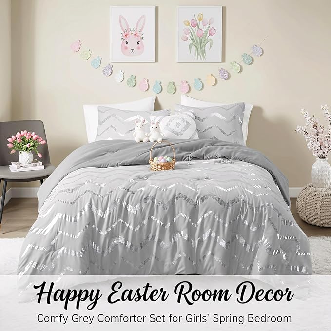 Codi Gray Twin Bedding Set for Teen Girls, Bedroom Comforter for College Dorm Girl, 3 Pieces - All Seasons Warm