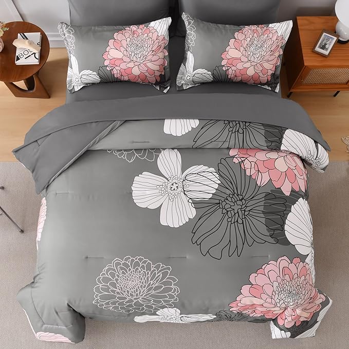 Yiran Grey Pink Comforter King Size 7 Pieces Floral Bed in a Bag Boho Comforter Set Soft Microfiber Bedding Sets for All Season with Flat Sheet Fitted Sheets Pillowcases & Pillowshams