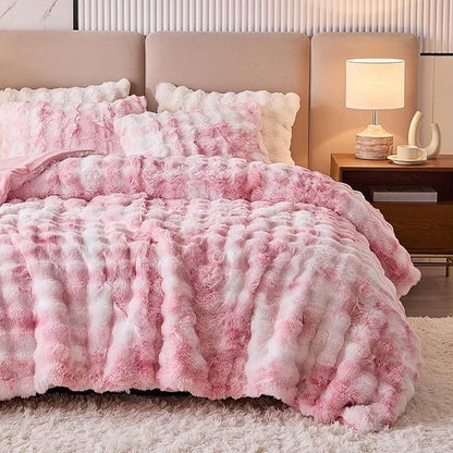 Queen Faux Rabbit Fur Comforter Set - 3 Pieces Fluffy Bedding Set Ultra Soft Warm Shaggy Plush Winter Flannel Bedding Set for Girls Women, Skin Friendly Sherpa Comforter Bed Set & 2 Pillow Shams Pink
