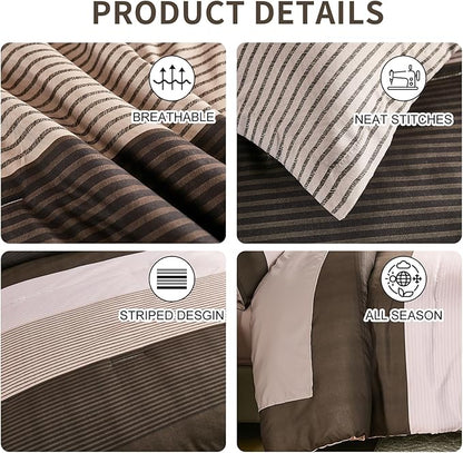 Anibedding Brown Queen Comforter Set 7 Pieces, Chocolate and White Patchwork Striped Bed in a Bag with Sheet Pillowcase for Queen Bed All Season