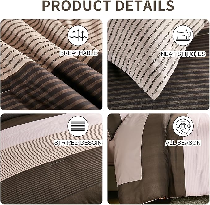 Anibedding King Size Comforter Set 7 Pieces, Chocolate Brown Bedding Set Patchwork Striped Bed in a Bag, Soft Microfiber Comforter Set with Sheets for All Season