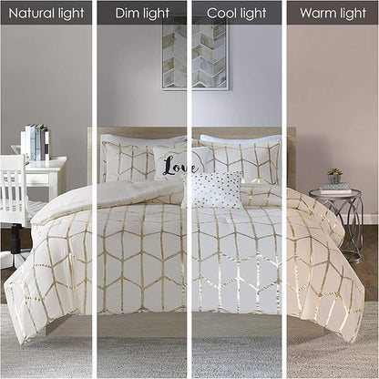 Intelligent Design Raina King/Cal King Comforter Set, Soft Microfiber, Modern Geometric Metallic Bed Set, 5 Pieces College Bedding with 2 Shams, 2 Toss Pillows Ivory/Gold