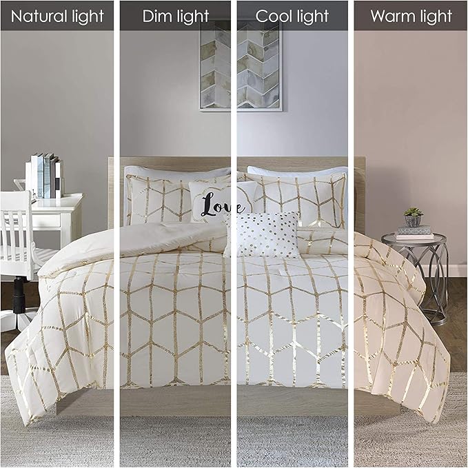 Intelligent Design Raina Full/Queen Comforter Set, Soft Microfiber, Modern Geometric Metallic Bed Set, 5 Pieces College Bedding with 2 Shams, 2 Toss Pillows Ivory/Gold