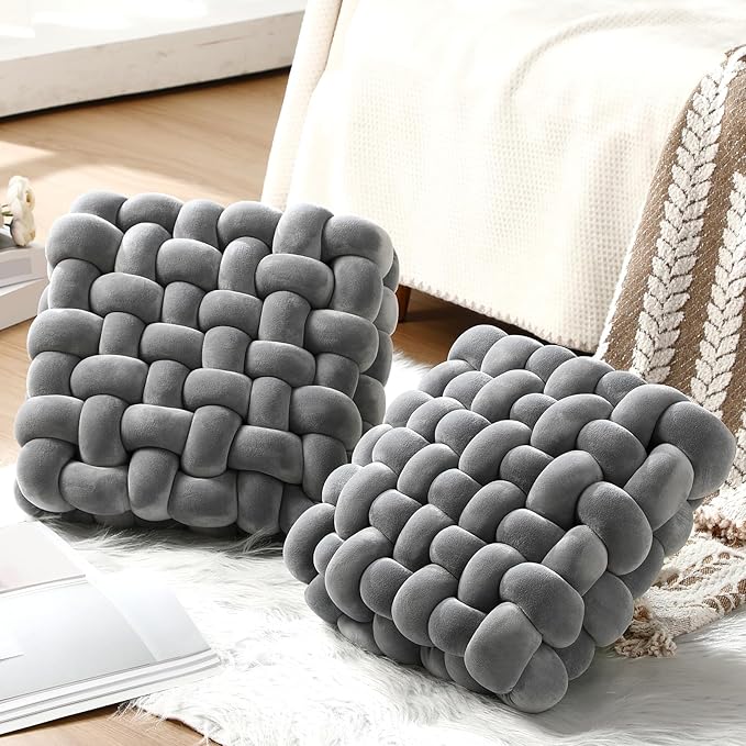 Wenqik 2 Pcs Knot Pillows Square Knotted Plush Throws Soft Accent Pillows Decoration Cushion for Couch Home Office Living Room Bedroom Bed Sofa Decor, 12'' x 13''(Light Gray,Crystal Velvet)