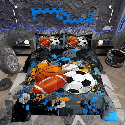 Feelyou Basketball Comforter Set Toddler Size Baseball Comforter for Boys Girls Teens Football Bedding Set Sports Game Duvet Set Room Decor Balck Grey Blue Mixed Ball Quilt Set
