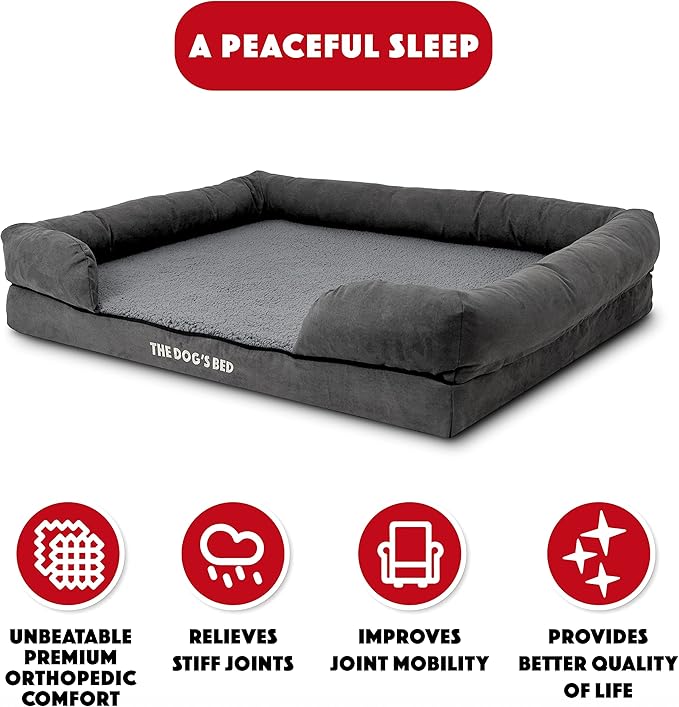 The Dog’s Bed Orthopedic Memory Foam Dog Bed with Bolsters, Plush Fabric, Grey Plush, XL