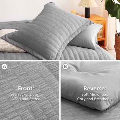 CozyLux Full Size Comforter Sets with Sheets 7 Pieces, Grey Seersucker Bed in a Bag Textured Luxury Soft Gray Bedding Set with Down Alternative Comforter, Sheets, Pillowcases & Shams for All Seasons