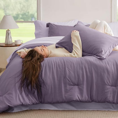 Bedsure King Size Comforter Set - 7 Pieces Grayish Purple King Bedding Set for All Seasons, Boho Contrasting Design Bed in a Bag with Comforter, Sheets, Pillowcases & Shams