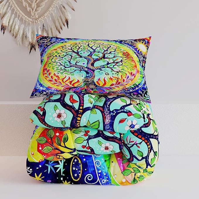 Tree of Life Comforter Sets for Kids Adults,3D Bohemian Pattern with Bright Colors,Decorative Bedding Comforter Sets with 2 Pillow Shams, Queen Size