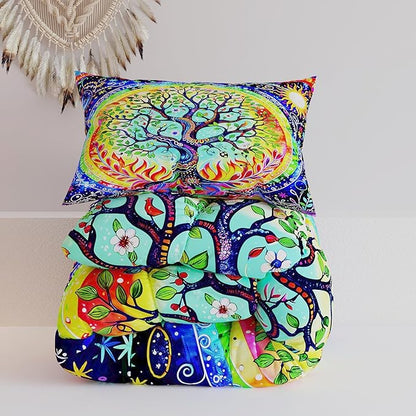 Tree of Life Comforter Sets for Kids Adults,3D Bohemian Pattern with Bright Colors,Decorative Bedding Comforter Sets with 2 Pillow Shams, Queen Size