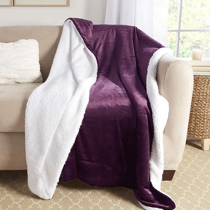 Genteele Sherpa Throw Blanket Super Soft Reversible Ultra Luxurious Plush Blanket, 50 x 60 inches, Rich Purple/White