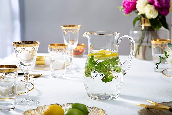 Glass Water Pitcher with Rich Gold Design on Outer- Fills 64 oz.- 9"H x 4.5"D