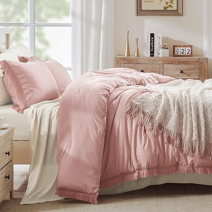 Andency Pink Comforter Set Queen Size for Girls, Blush Boho Women Tassel Lightweight Bedding Comforter Sets, 3 Pieces All Season Soft Fluffy Fringe Bed Set (90x90In Comforter & 2 Pillowcases)