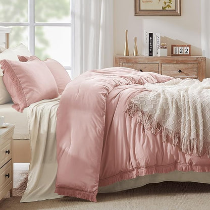 Andency Pink Comforter Set Queen Size for Girls, Blush Boho Women Tassel Lightweight Bedding Comforter Sets, 3 Pieces All Season Soft Fluffy Fringe Bed Set (90x90In Comforter & 2 Pillowcases)