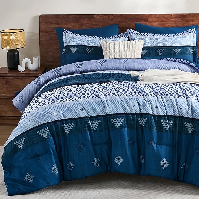 Xruibed Blue Queen Comforter Set 7 Pieces, Blue Boho Striped Bed in a Bag Queen Size Soft Microfiber All Season Bedding Set with Comforter, Sheets, Pillowcases & Shams(90"×90")