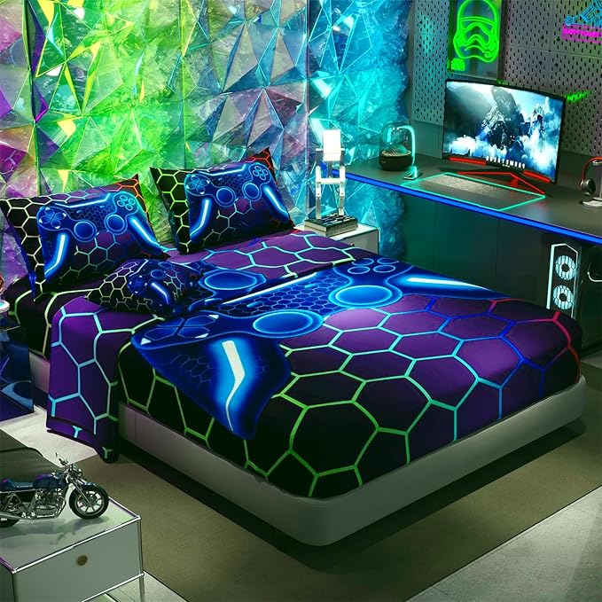 Namoxpa6 Pieces Gamer Comforter Sets for Boys Kids,3D Blue Pattern,Decorative 6 Piece Bedding Sets with Comforter,Flat Sheet,Fitted Sheet,Throw Pillow Cover,Pillow Shams,Twin Size