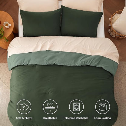 Bedsure Queen Comforter Set, Dark Olive Green Soft Prewashed Bedding for All Seasons, 3 Pieces GentleSoft™ Bed Set, 1 Lightweight Comforter (90"x90") and 2 Pillowcases (20"x26")
