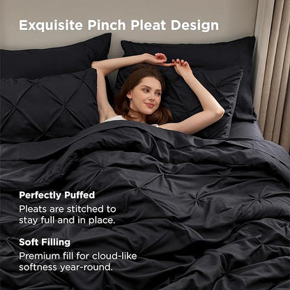 Bedsure Oversized Queen Comforter Set Black - Bed in a Bag Bedding Set 7 Pieces, GentleSoft™ Pintuck Bed Set Gift for Family, Pinch Pleat All Season Comforter with Sheets, Pillowcases & Shams
