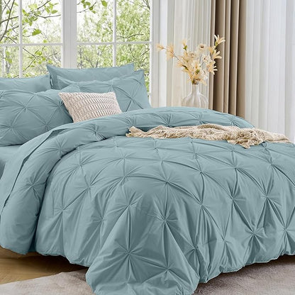 Sasttie California King Comforter Set, 7-Piece Bed in a Bag, Pintuck Bedding Sets for All Season, Includes Comforter, Flat Sheet, Fitted Sheet, Pillowcases and Pillowshams, Greyish Blue