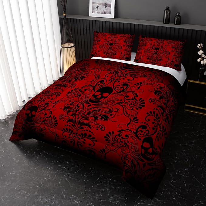Adults Red Gothic Comforter Set Twin Size,Vintage Damask Floral Bedding Set 3Pcs,Bohemia Bedding Set Goth Skull Printed Quilted Set for Teens Adult with 1 Comforter and 2 Pillowcase