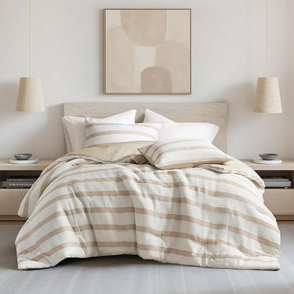 Madison Park Essentials Striped Comforter Set Queen Size, Yarn-Dyed Reversible Comforter with Minimalist Stripes, Crinkled Texture Bedding Set for All-Season Lightweight Warmth, Merritt Taupe