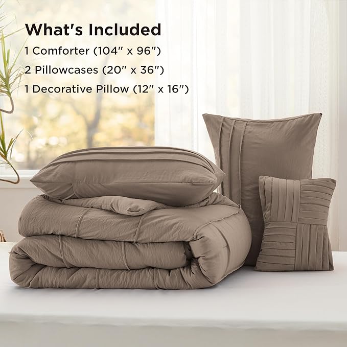Bedsure California King Comforter Set - 4 Pieces Pinch Pleat Bed Set, Brown Boho Bedding for All Season, 1 Soft Comforter, 2 Pillowcases, 1 Decorative Pillow