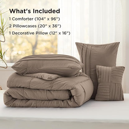 Bedsure California King Comforter Set - 4 Pieces Pinch Pleat Bed Set, Brown Boho Bedding for All Season, 1 Soft Comforter, 2 Pillowcases, 1 Decorative Pillow