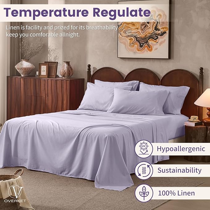 100% Linen Sheets California King Size,Breathable & Durable 4-Piece Bed Flax Sheet Set,Soft All-Season Bedding for Hot Sleepers 16" Deep Pocket Oeko-TEX Certified,（Cal King, Light Purple）