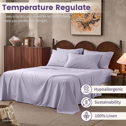 100% Linen Sheets California King Size,Breathable & Durable 4-Piece Bed Flax Sheet Set,Soft All-Season Bedding for Hot Sleepers 16" Deep Pocket Oeko-TEX Certified,（Cal King, Light Purple）