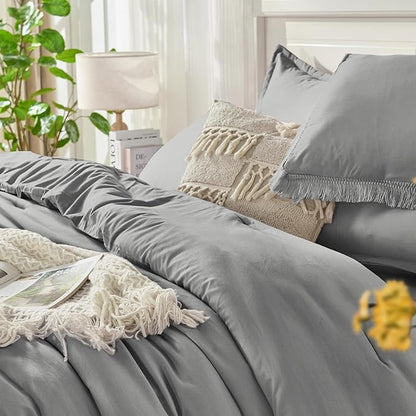 Andency Full Size Comforter Set Medium Grey -7 Pieces Boho Tassel Bed in a Bag Soft Lightweight Bedding Sets, Fringe All Season Bed Set with Comforter, Sheets, Pillowcases & Shams