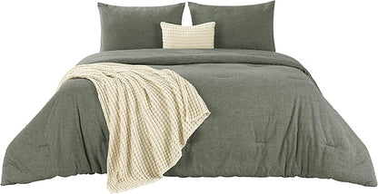 Bedsure 5 PCS Cotton Comforter Set with Cotton Waffle Throw Blanket - Olive Green Comforter Full Size, Pillow Shams, Beige Cooling Blanket of Rayon Derived from Bamboo for Hot Sleepers, Throw Pillow