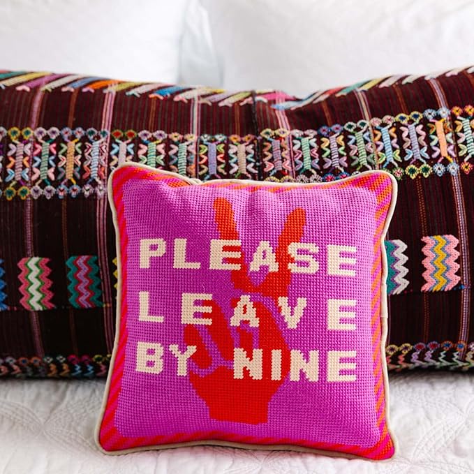 FURBISH Needlepoint Decorative Throw Pillow - Leave by Nine - 11"x11" - Small Embroidered Designer Pillow for Living Room, Couch, Sofa, Chair & Bed - Eclectic Home Decor