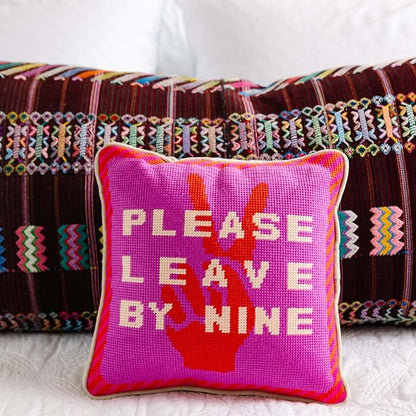 FURBISH Needlepoint Decorative Throw Pillow - Leave by Nine - 11"x11" - Small Embroidered Designer Pillow for Living Room, Couch, Sofa, Chair & Bed - Eclectic Home Decor