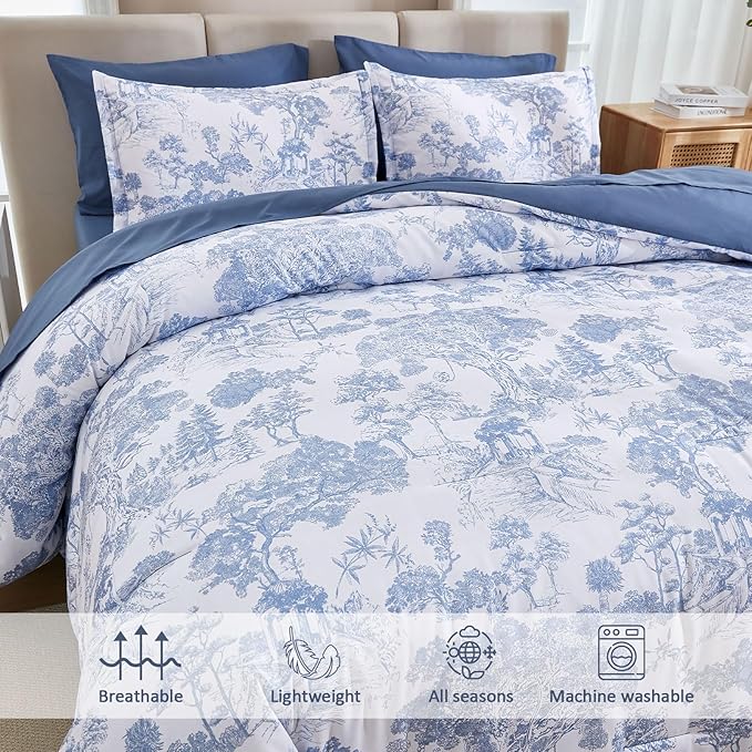 DJY Blue Comforter Set Full, 7 Pieces Full Size Flower Comforters with Sheets Elegant Plants Print Bed in a Bag Soft Microfiber Reversible Complete Bedding Sets for All Season
