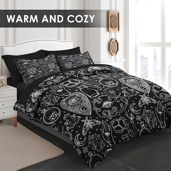Comforter Set Queen Size, Medieval Retro Halloween 7 Pcs Bedding for Kids and Adults, Gothic Vintage Bed Sheet Sets with Fitted Sheet 2 Pillowcases & 2 Shams for Bedroom Bed Decor