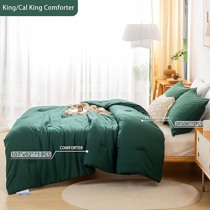 COTTEBED Softness Comforter Set King Size Bed - Super Soft Cotton Polyester Blend Solid Lightweight Bedding Quilt Blanket and 2 Pillowsham All Season - California/Cal King Emerald/Hunter/Forest Green