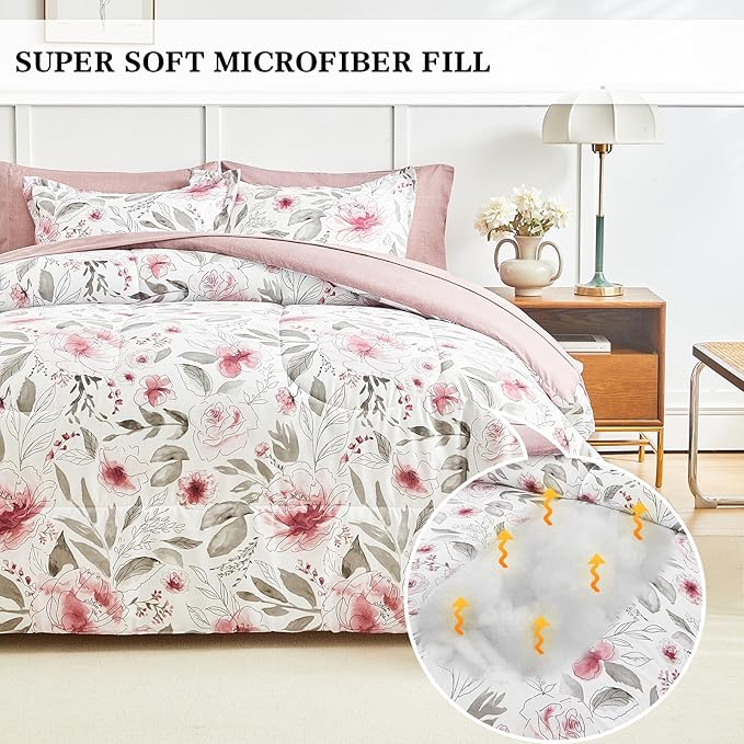 Flysheep Floral Bed in a Bag Queen Size 7 Pieces, Blush Pink and Grey Elegant Flowers Comforter Bedding Set for Women (1 Comforter, 1 Flat Sheet, 1 Fitted Sheet, 2 Pillow Shams and 2 Pillowcases)