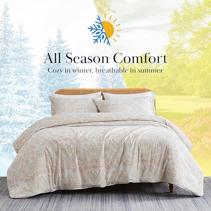 Southshore Fine Living, Inc. Oversized Comforter Bedding Set Down Alternative All-Season Warmth, Queen Coverlet, Soft Bohemian Paisley Bedspread 3-Piece and 2 Matching Shams, Full/Queen, Coral