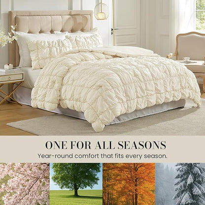 Amélie Home King Comforter Set, 3 Pieces Beige Bubble Bedding Set for All Season, Ultra Soft Cozy Comforter, Farmhouse Luxury Gift for Women Home Decor
