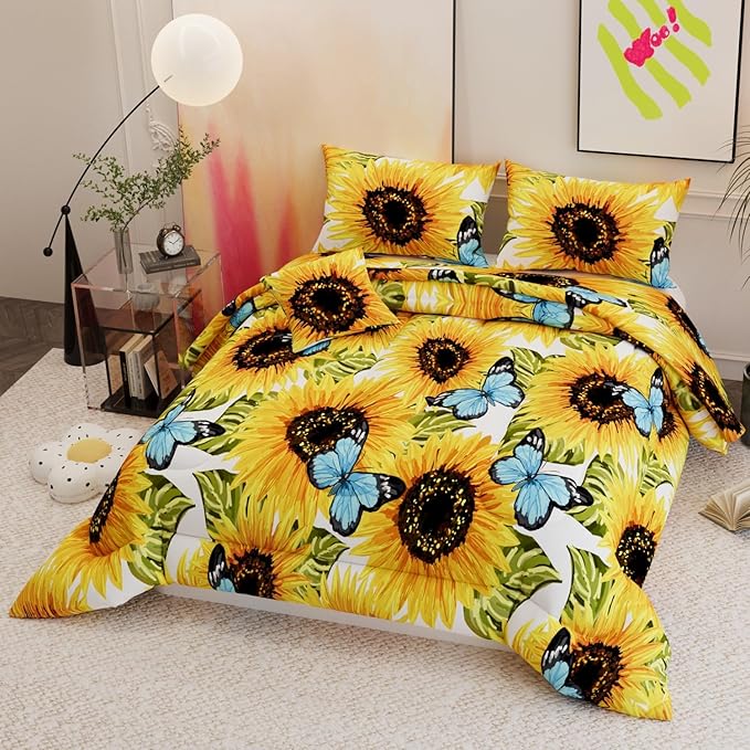 6 Pieces Sunflower Comforter Sets,3D Pattern with Sunflower Blue Butterflies,Decorative 6 Piece Bedding Sets with Comforter,Flat Sheet,Fitted Sheet,Throw Pillow Cover,Pillow Shams,King Size