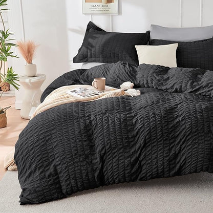 HYMOKEGE Black/Light Grey Queen Comforter Set Seersucker 7 Pieces, All Season Luxury Bed in a Bag Queen for Bedroom, Bedding Set with Comforter, Sheets, Pillowcases & Shams