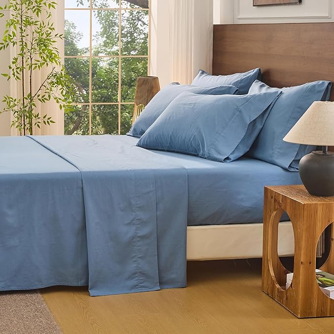 Bedlifes 100% French Linen Sheets California King Size 18-24" Extra Deep Pocket 4-Piece Set Breathable & Moisture-Wicking,Soft & Durable Sheets for Thick Mattresses(Flint Blue)