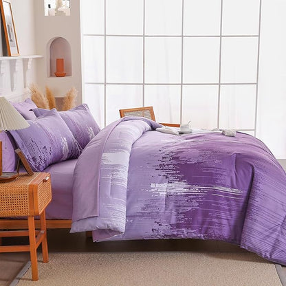 WONGS BEDDING Comforter Set Queen, Ombre Purple 7 Pieces Bed in a Bag Colorful Abstract Art Gradient Comforter Soft Microfiber Bedding Set with Flat Sheet, Fitted Sheet, Pillow Shams, Pillowcases