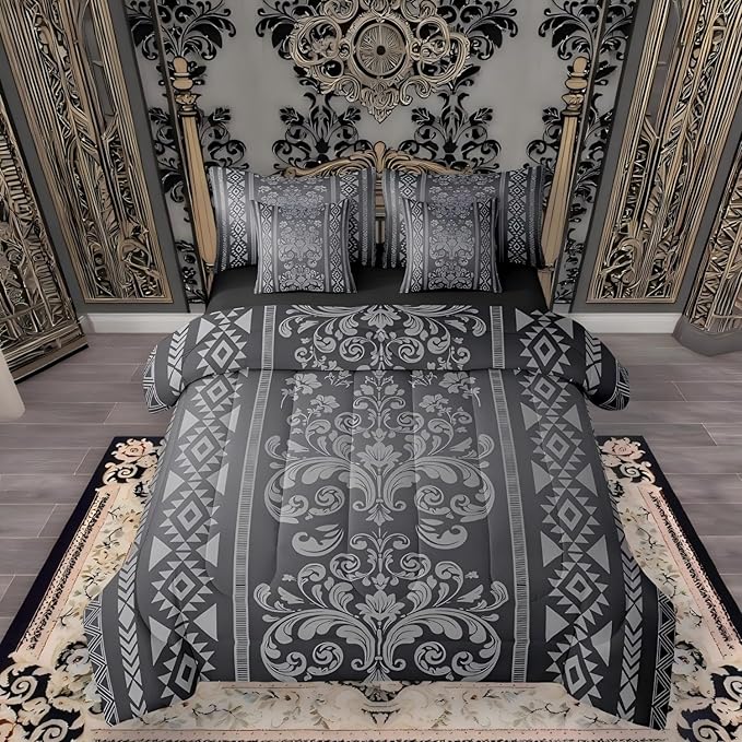 Comforter Set Queen Size, Blue Grey Aztec Damask 7 Pcs Bedding for Kids and Adults, Western Goth Floral Victorian Bed Sheet Sets with Fitted Sheet 2 Pillowcases & 2 Shams for Bedroom Bed Decor