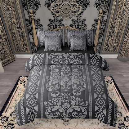 Comforter Set Twin Size, Blue Grey Aztec Damask 7 Pcs Bedding for Kids and Adults, Victorian Decor Western Baroque Goth Bed Sheet Sets with Fitted Sheet 2 Pillowcases & 2 Shams for Bedroom Bed Decor