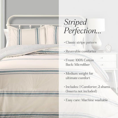 Lush Decor Farmhouse King Size Comforter Set, Reversible Cotton, 3 Piece Set, California King, Blue - Cozy Bedding - Rustic Decor - Modern Farmhouse Bedroom Decor