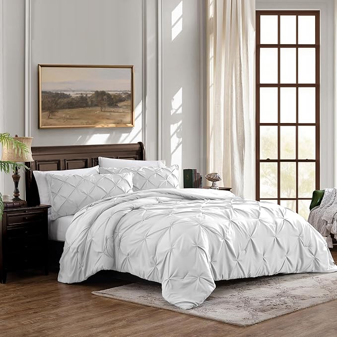 Cathay Home Twin Bedding - Pintuck 2-Piece Comforter and Sham Set - Ultra Soft & All Season Warmth - White