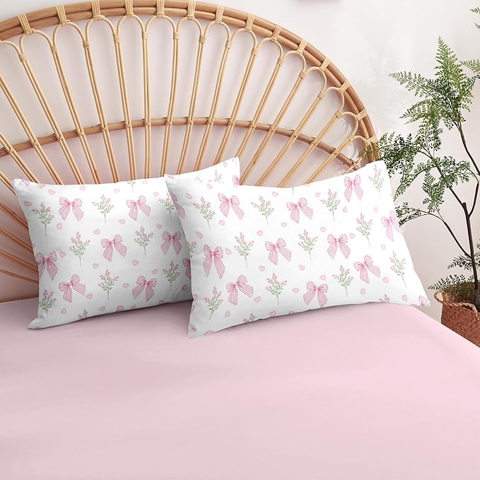 Nayoroom Pink Bow Comforter Set Queen Size Coquette Pink Floral Comforter 3 Pieces Soft Lightweight Kids Girls Cute Aesthetic Dorm Bedding Set for All Seasons