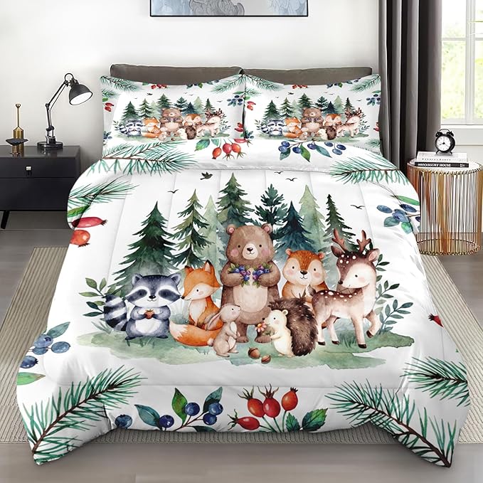 Comforter Set Queen Size, Safari Woodland Animal Bird Soft 3 Pcs Bedding for Kids and Adults, Fox Cute Bear Jungle Comforter Set with Pillowcase, for Bedroom Bed Decor